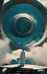 a man stands at the end of the dock and looks up at an alien vortex