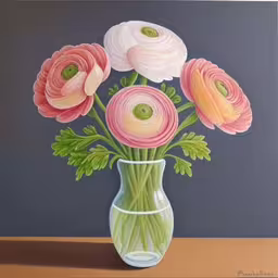 flowers sit in a green vase on a table,a painting of colorful flowers in a clear vase,a painting of flowers in a vase on a table,an oil painting of pink and white flowers,the painting shows flowers in the vase painted on the wall