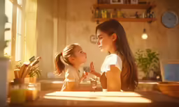 a young girl with a baby sitting on her lap, as she talks to a mother