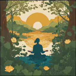 a person sitting in a lotus position on a small lake surrounded by greenery,a person in a yoga position in front of water and trees