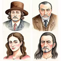 a painting of four people wearing hats,the four people are in the same picture