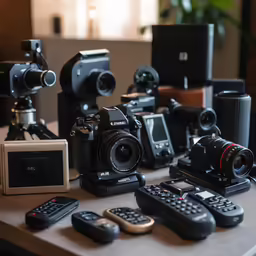 a table topped with remotes and many other equipment