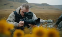 a man sitting in the middle of a field holding a camera