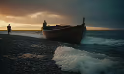 two people are standing in front of an old boat