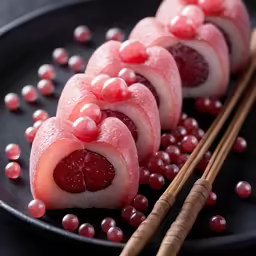 some red berries on a black plate with chopsticks