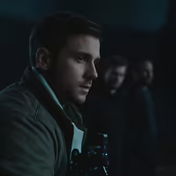 two men sitting next to each other with a camera