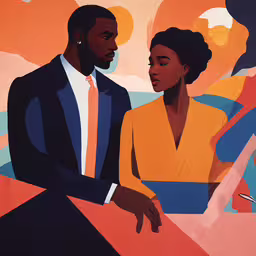 a couple dressed in a suit and tie are standing next to each other,the painting of two people standing in front of a bright background