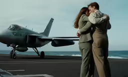 a man kissing a woman in front of an airplane on the flight deck