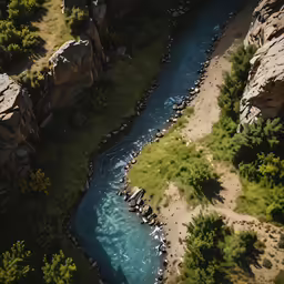 an aerial view of a river in the mountains
