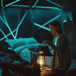 a woman lights her tea pot beside a camper in the dark