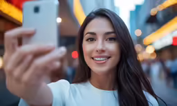 a woman with long hair is taking a selfie