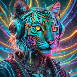 a man wearing headphones and a tiger painting