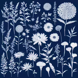 an artistic image of wildflowers,a large group of flowers on a blue background