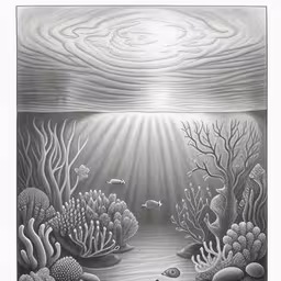 an underwater scene with corals and other corals,pencil drawing of underwater scene showing an ocean floor,an artistic painting of a water with light coming through the sky,this is a drawing of an underwater scene,the drawing depicts the light shining through the ocean