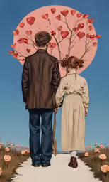 a couple holds hands while standing at the end of a path with a huge heart tree, and pink flowers