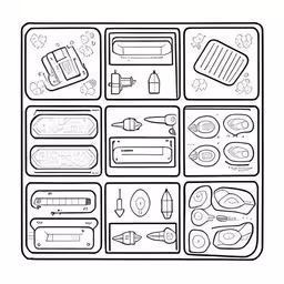 a black and white picture of school supplies,a black and white image of a tray with different items,a childrens printable activity sheet showing the cutting tools,coloring pages for children with tools for cutting and painting,printable coloring pages of kitchen appliances in a box