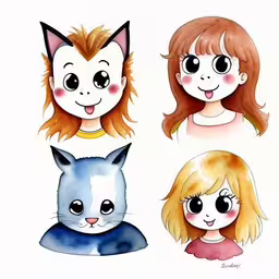 a drawing of a girl, a cat and two others,three cartoon style faces with various expressions