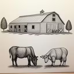 an art work depicts a farm with cows and barn
