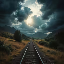 a road going across a railroad line with the sun peeking through clouds
