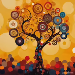 the painting depicts a colorful tree in the sunlit room
