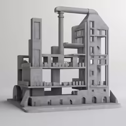 a model of a concrete building, with buildings and stairs