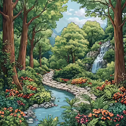 a painting of a river flowing under a forest filled with tall trees