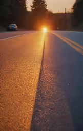 the car is driving down the street in the middle of the road