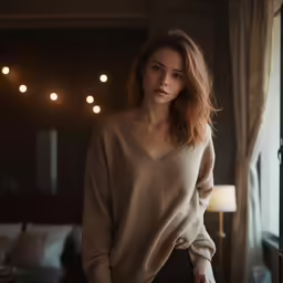 a beautiful young woman standing by a window wearing a tan sweater