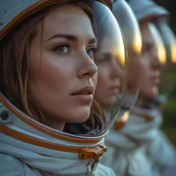 three women in helmets with their heads turned to the side