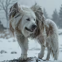 a white dog is standing in the snow