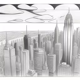 a pencil drawing of a city, looking down on skyscrapers,a cityscape with high rise buildings and some clouds