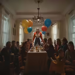 a woman in a costume poses for a photo while seated at a table with many balloons
