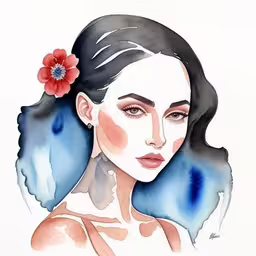 a watercolor painting of a woman with long dark hair