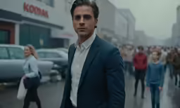a man in a blue suit is standing on the sidewalk