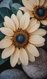 three yellow flowers surrounded by leaves on top of a rock