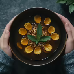 someone is holding a bowl with flowers in it
