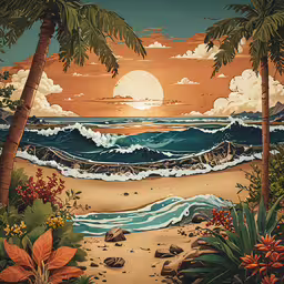 a painting of a sunrise over the ocean with palm trees,painting of a tropical sunset and ocean waves on the sand