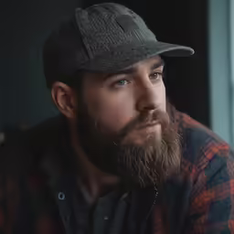 a bearded man with a cap sitting in front of a window