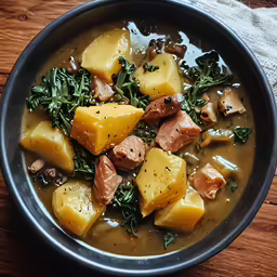 a bowl filled with stew of meat, potatoes, and greens