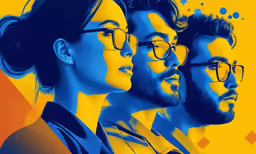 three people stand in line and are wearing glasses
