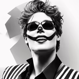a woman with mustache glasses wearing a striped shirt