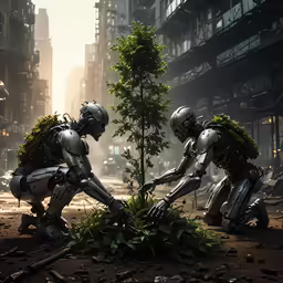 two sci - filth men standing around a small tree in a city