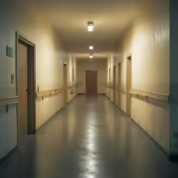 empty hallways with stalls and closed doors are shown