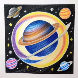 a drawing of saturn with the sun and three planets,there is a drawing of planets in this picture,drawing of the solar system by chalk pastel on canvas,a drawing of saturn and the four planets in color,a drawing of saturn and the planets
