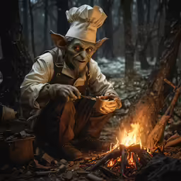 there is an image of an old man cooking on fire