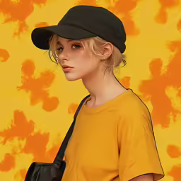a painting of a girl wearing a hat and bag