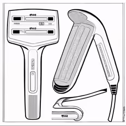 a drawing of a digital hair dryer, scissors and a hand held hairdryer
