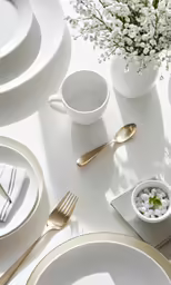 a white table with place setting, goldware, napkins and cups