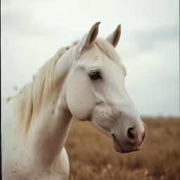 a white horse with brown spots is standing alone