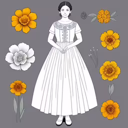 a woman in a white dress is surrounded by yellow flowers,a girl stands surrounded by flowers and yellow sunflowers,a young girl stands in front of flowers and daisies,a drawing of a woman in white dress next to yellow flowers,an illustrated figure of a woman in a white dress surrounded by yellow flowers